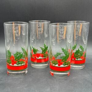 Vintage Tumblers in Holly and Berries by Libbey Set of 4
